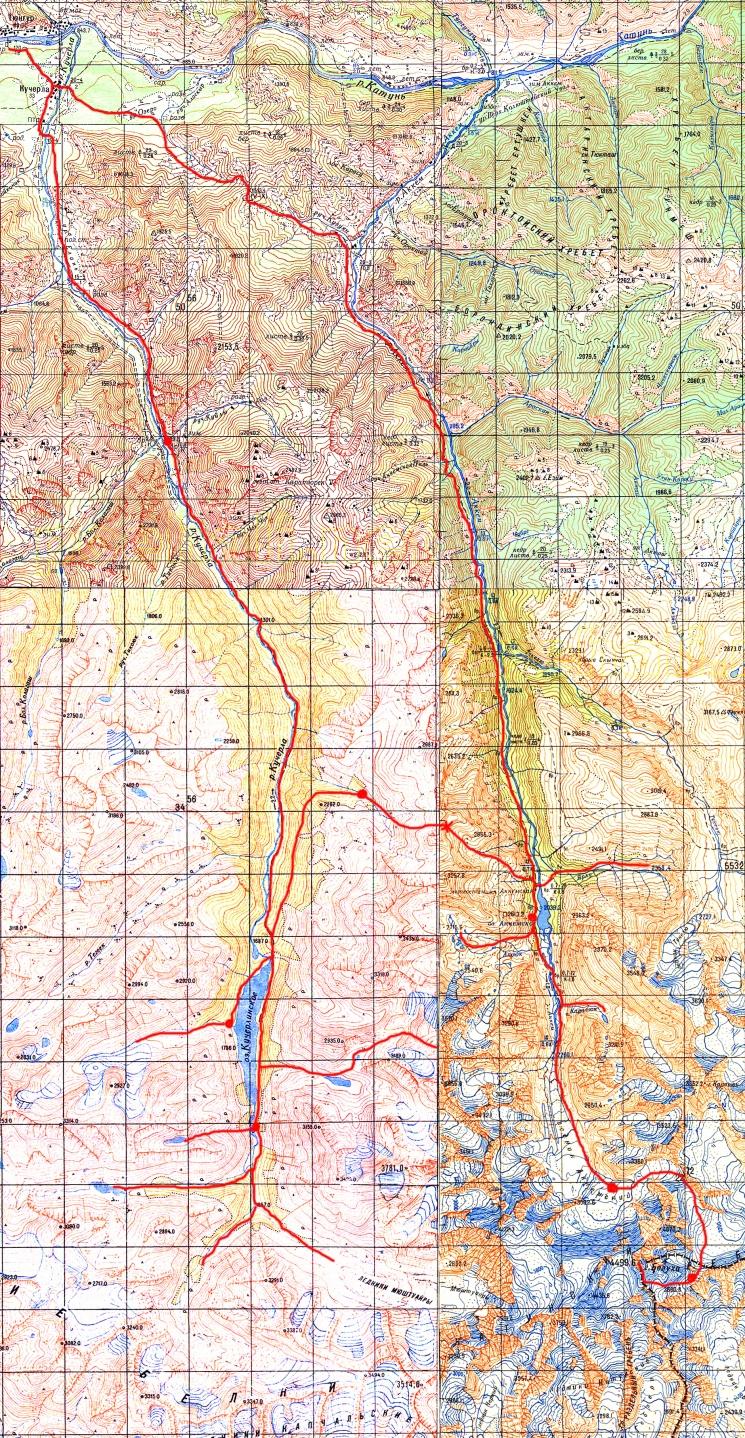 Маршрут похода на Кучерлу и Аккем на карте-километровке