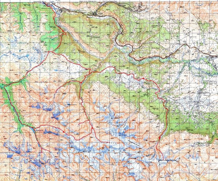 Маршрут похода по Северо-Чуйскому хребту на карте-километровке