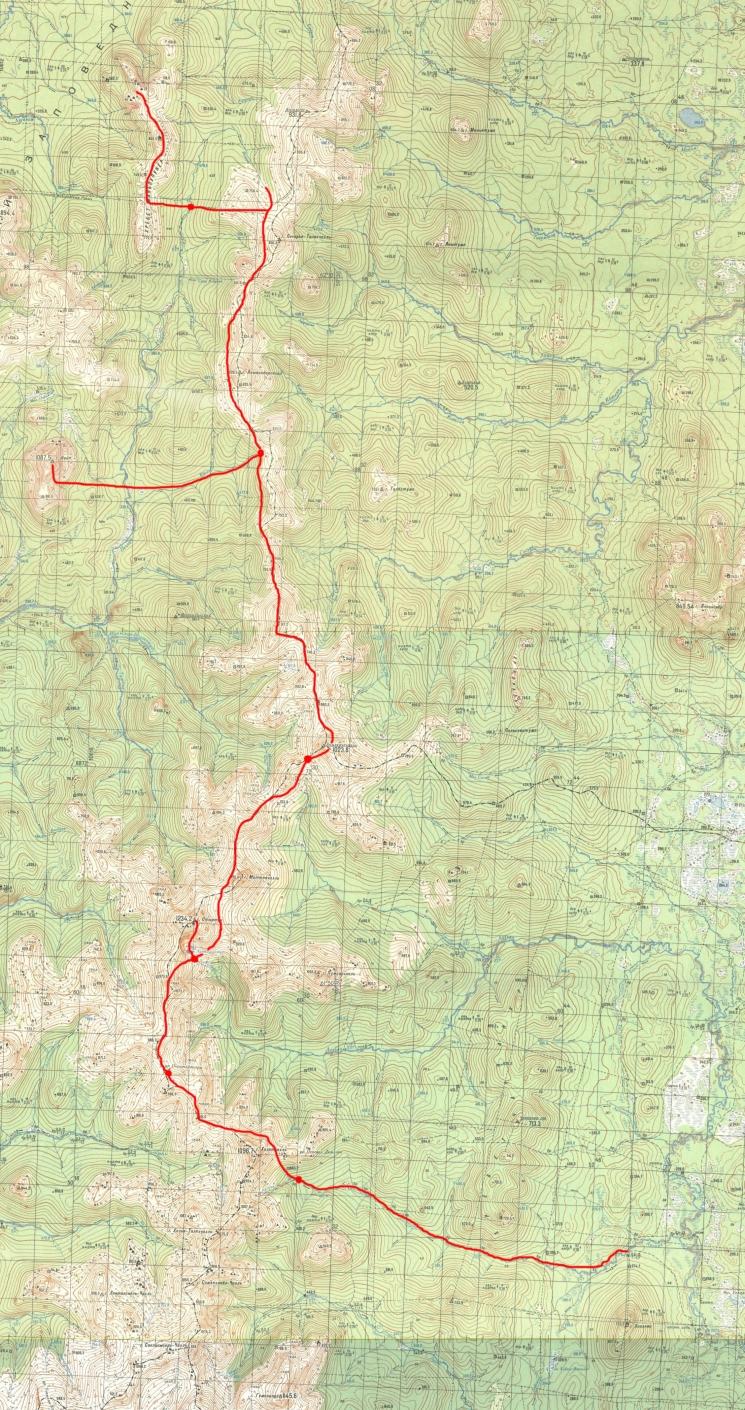 Карта-километровка с маршрутом похода на Маньпупунёр