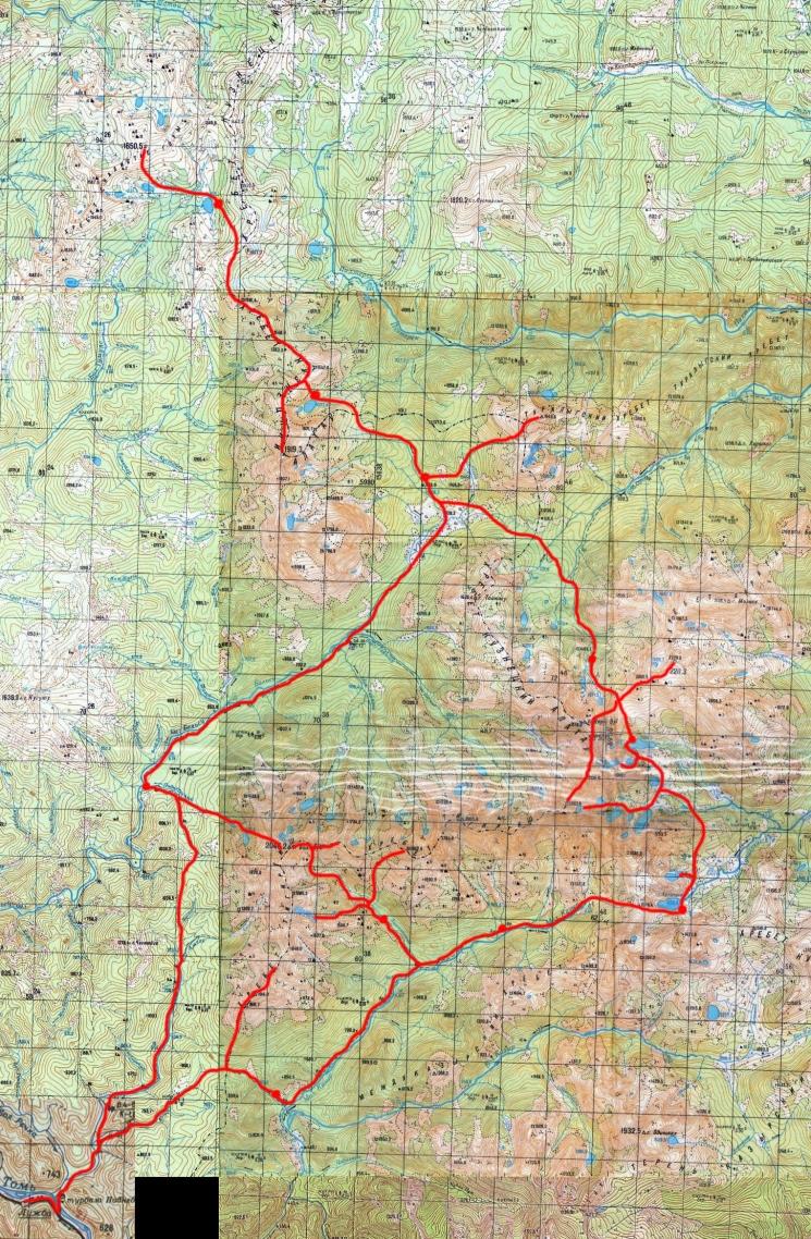 Карта-километровка с маршрутом похода по Поднебесным зубьям
