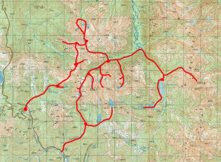 Карта-километровка с маршрутом похода по Ергакам