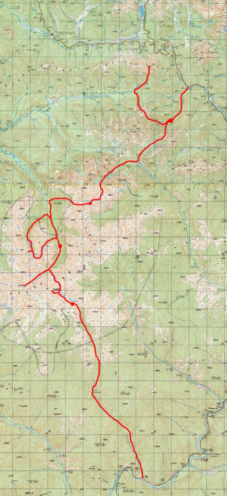 Карта-километровка с маршрутом похода по Араданскому хребту