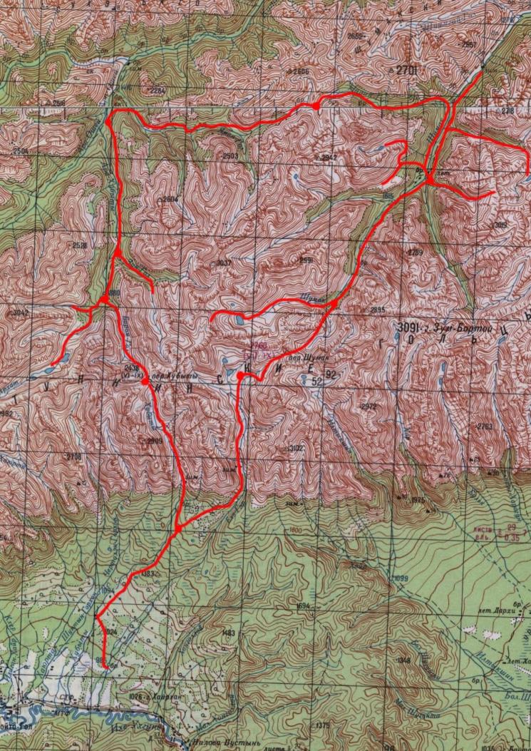 Карта-километровка с маршрутом похода по Тункинским гольцам