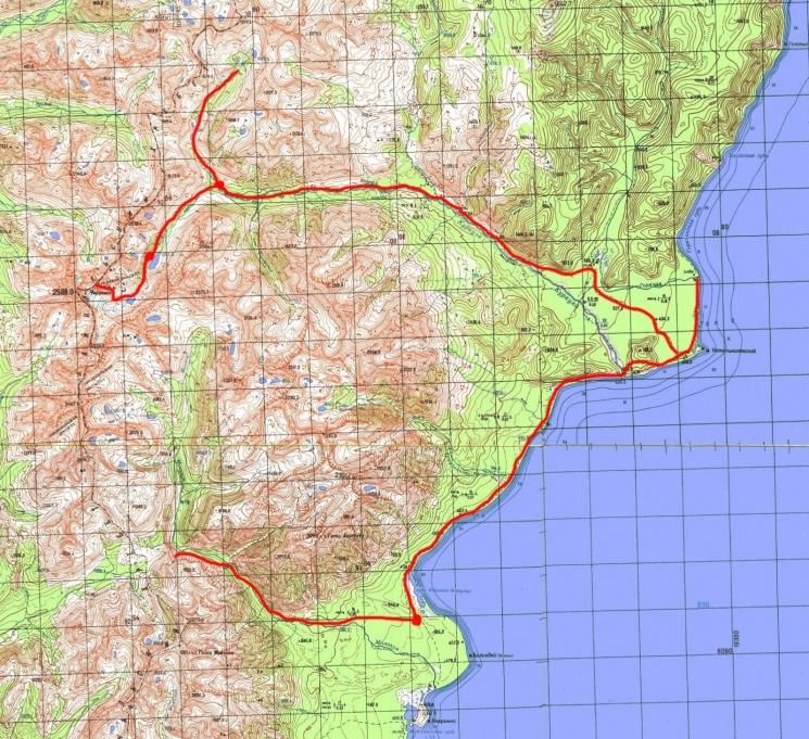 Карта-километровка с маршрутом похода по Байкальскому хребту